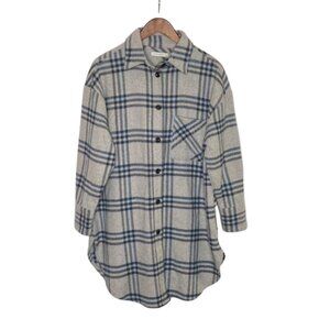 LCW Womens Plaid Long Shacket Size M L Blue Gray Button Up Granola Girl Preppy
